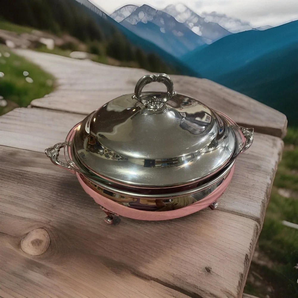 Vintage PYREX 2QT Silver Plated Chafing Dish Cradle Insert‎ & Cover